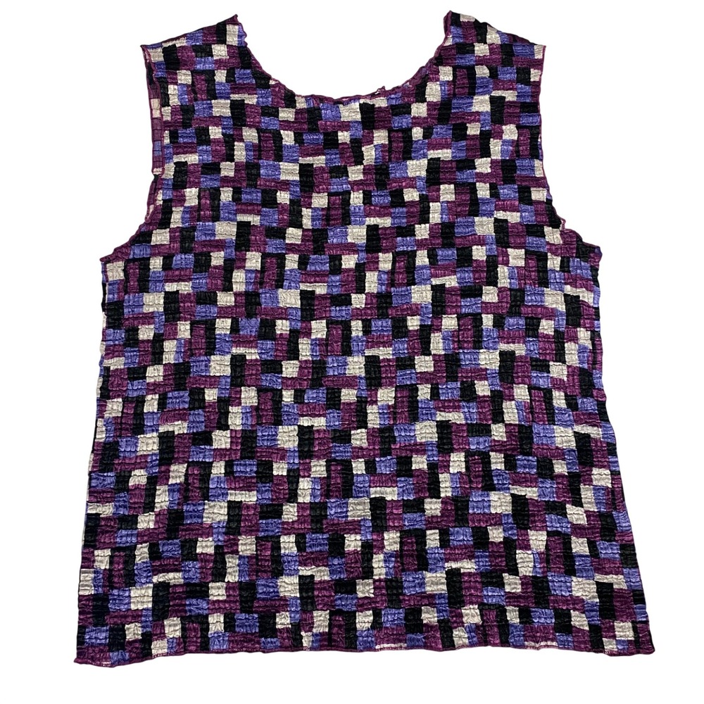 CASUAL CORNER Vtg Y2K Crinkle Popcorn Tank Top Size L Purple Abstract Mosaic 90s